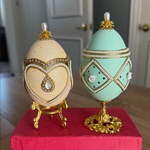 Elegant Decorative Egg Set of 2 with Gold and Green Accents and Cream and Gold